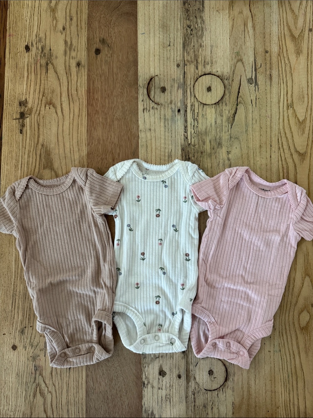 3-Pack Ribbed Short-Sleeve Baby One-Pieces in Blush, Cream, and Dusty Pink